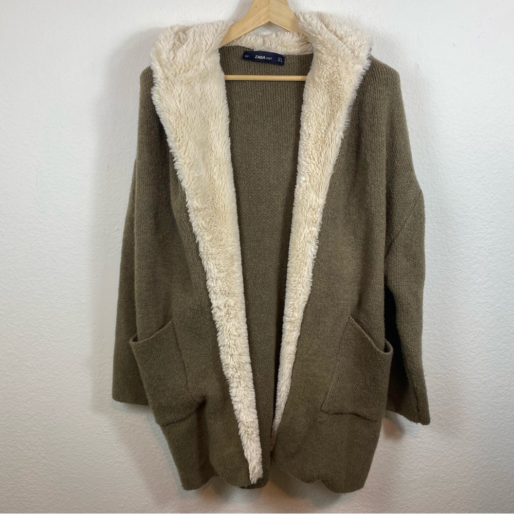 Zara Women’s Small Faux Fur Lined Hooded Open Front Cardigan Oversized